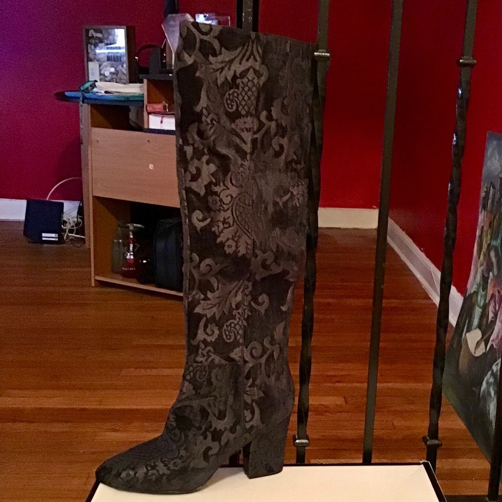 Black Suede Patterned Knee High Boots